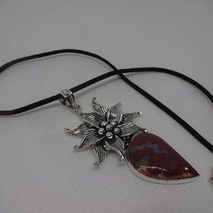 Gorgeous "RED MOSS AGATE" Handmade Flower Sterling Pendant on a Black Leather